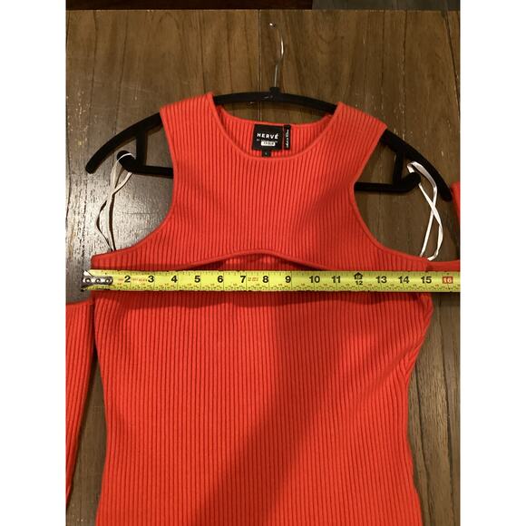 Herve By Herve Leger Orange Ribbed Knit Long Sleeve Cold Shoulder Mini Dress L - Picture 7 of 11